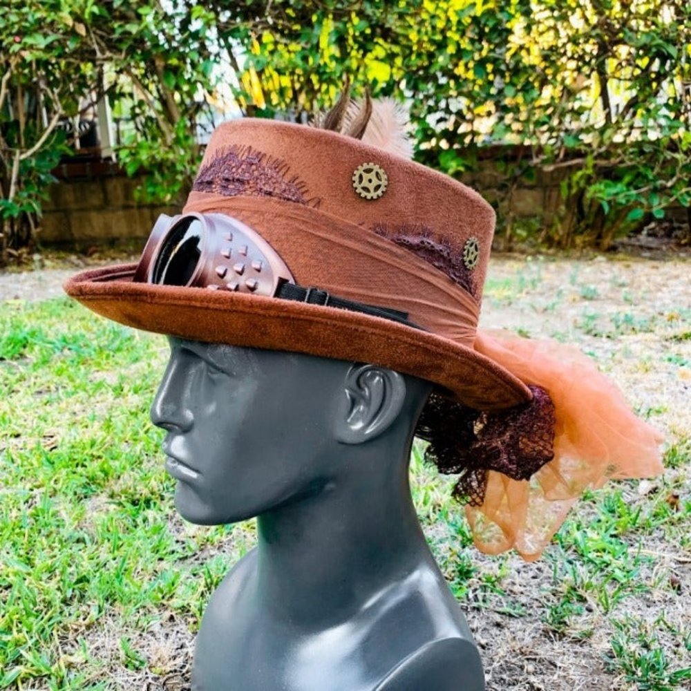 Victorian Steampunk Feather Lace Women Top Hat Dark Lens Goggles Party Costume - Picture 3 of 4